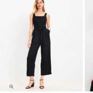 LOFT Black Sleeveless Scallop Scoop-Neck Jumpsuit with Tie Waist